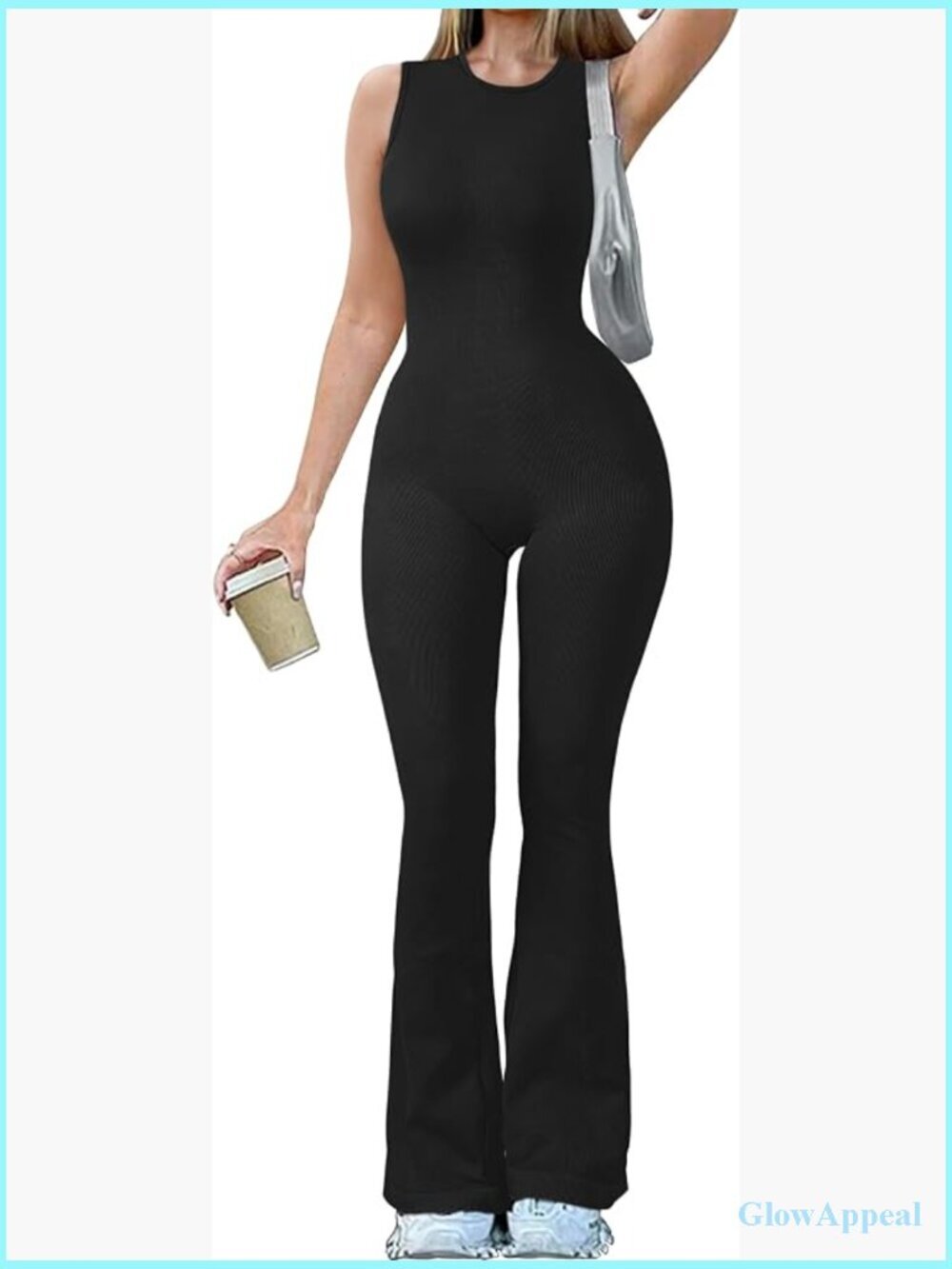 Ribbed Crew Neck Sleeveless Bell Bottom Flare Jumpsuit
